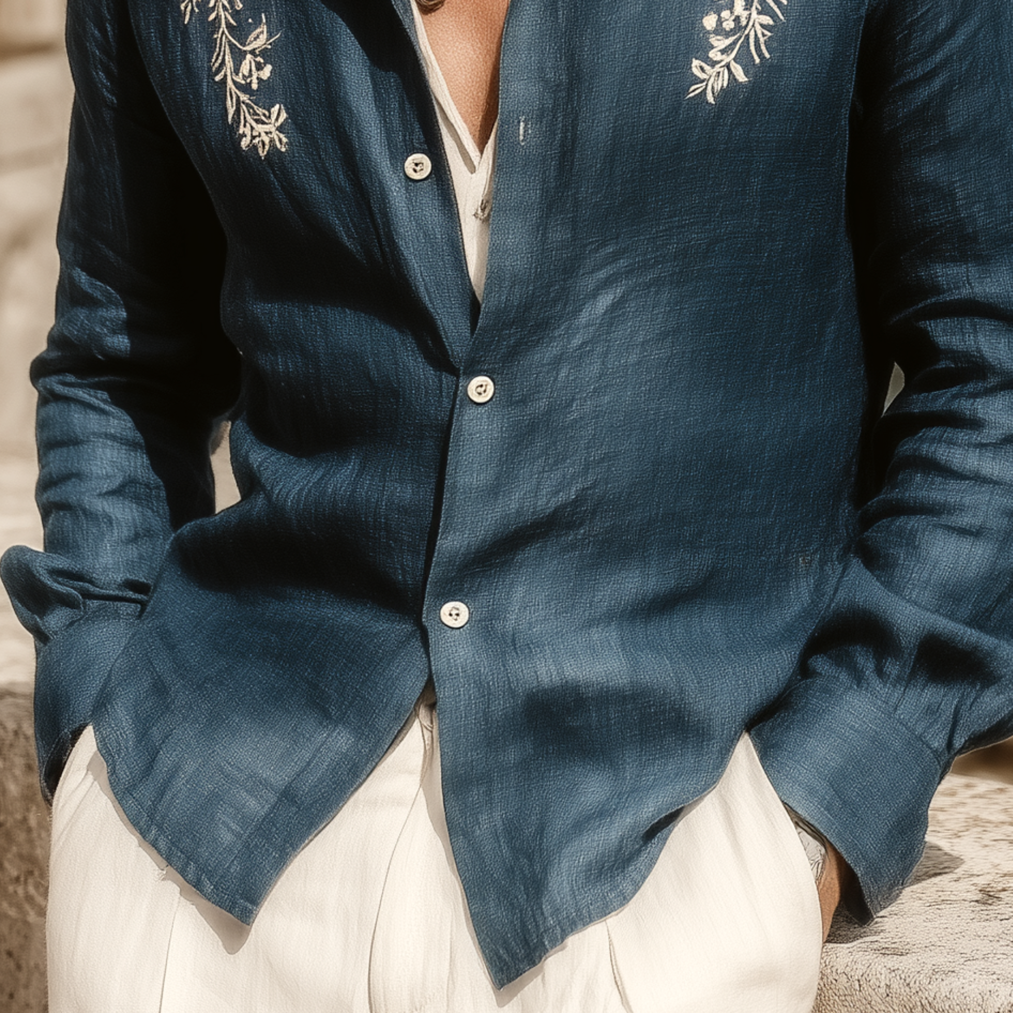 Men's Classic Casual Tencel Cotton And Linen Embroidered Stand Collar Long Sleeve Shirt MTA1869G1K