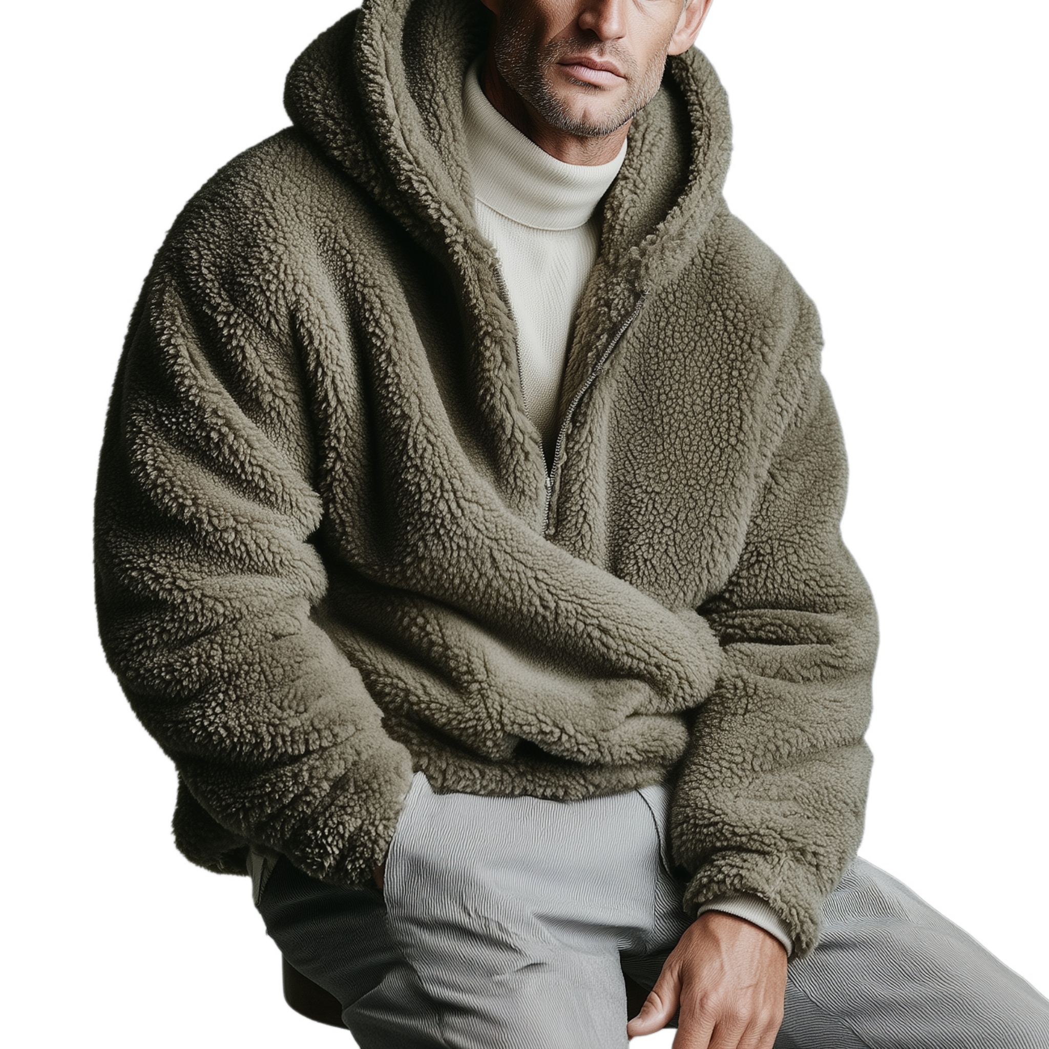 Men's Casual Fashionable Hooded Zippered Teddy Fleece Loose Sweatshirt MTA1712J7K