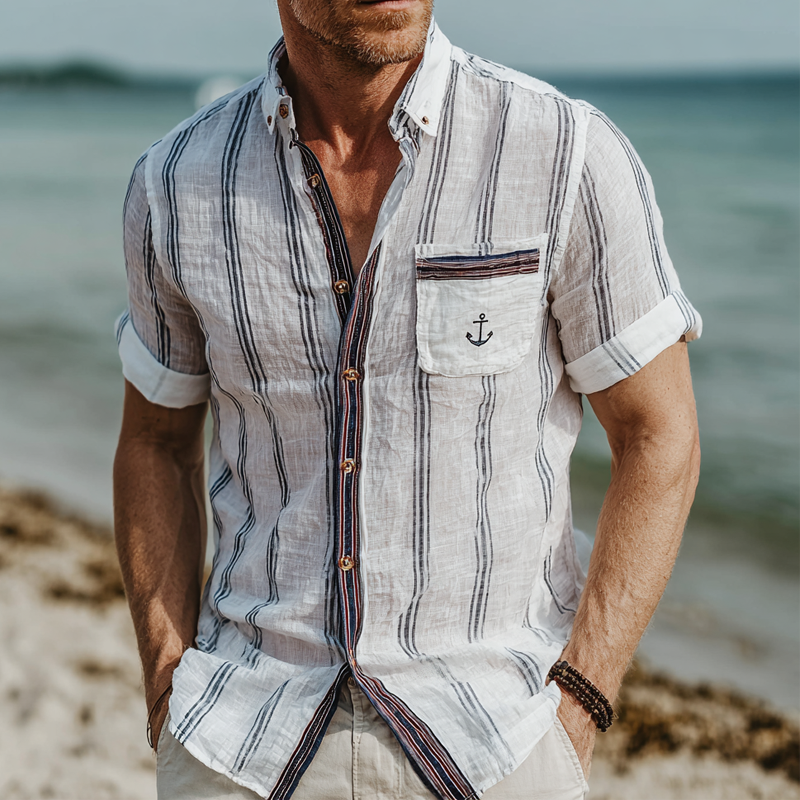 Men's Stripe Print Lapel Short Sleeve Shirt MTA1517G3X