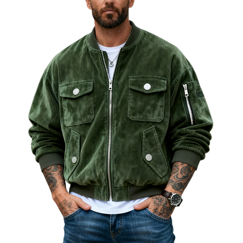 Men's Vintage Corduroy Solid Baseball Collar Zip-Up Jacket MTA2802J9X