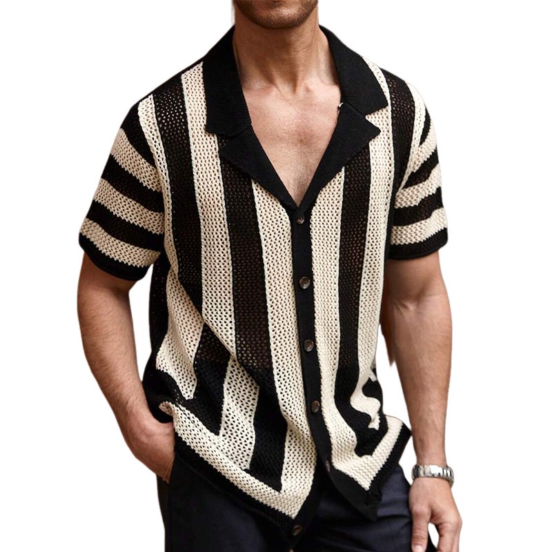 Men's Striped Knit Lapel Short Sleeve Shirt 80024702X