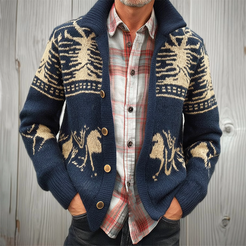 Men's Retro Colorblock Jacquard Knit Button Cardigan MTA0119I2U