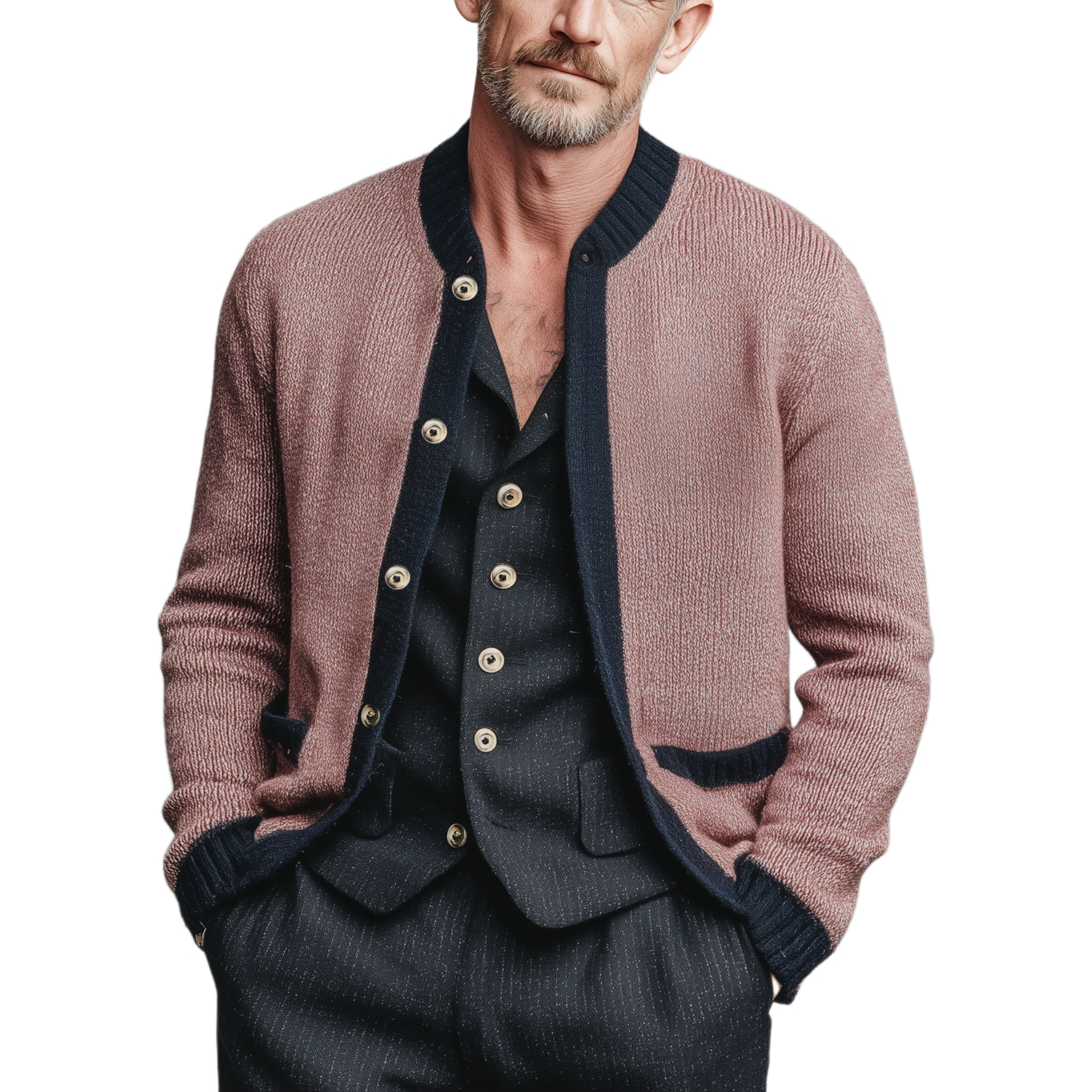 Men's Classic Casual Pink And Navy Blue Knitted Cardigan MTA2660I0K