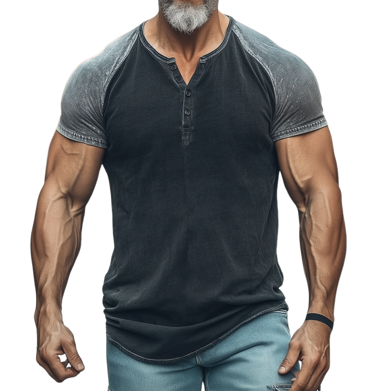 Herremotefarget denim-T-skjorte med Henry-krage, slim fit og raglan-kortermer, vasket og slitt, MTA0348G6M