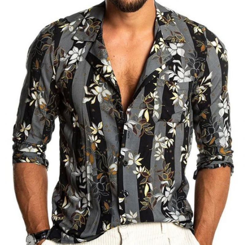 Men's Fashion Casual Slim Fit Vintage Printed Chiffon Long Sleeve Shirt 19228789K