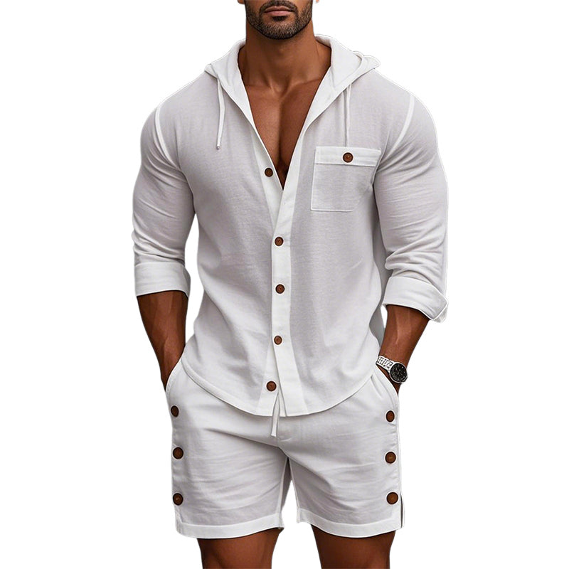Men's Cotton and Linen Solid Color Long Sleeve Hoodie Shorts Two-piece Set MTA2990D5X
