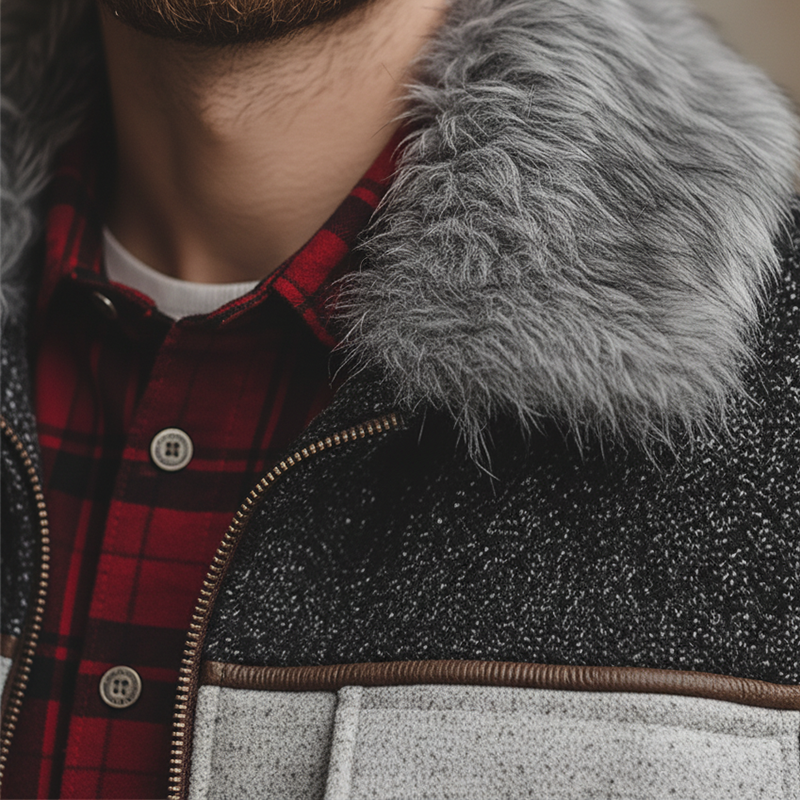 Men's Winter Faux Wool PU Patchwork Jacket With Fur Collar MTA1770K8P