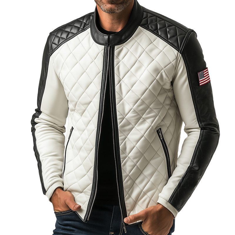 Men's Retro Casual Motorcycle Style Diamond Check PU Stand Collar Leather Jacket MTA2185H3TO