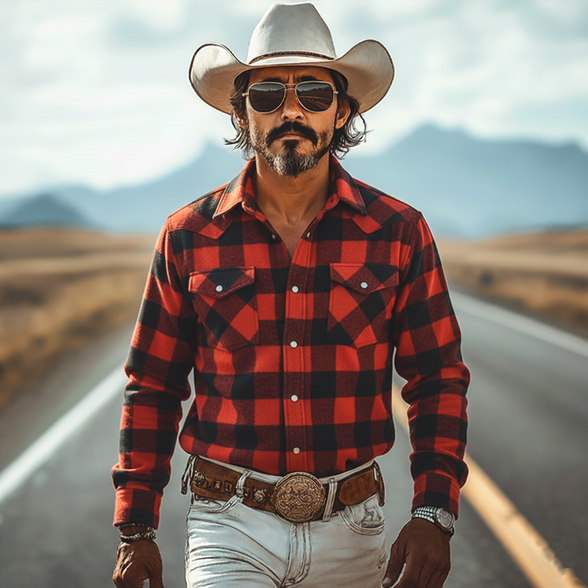 Men's Classic Western Tough Brushed Check Cotton Blend Pocket Long Sleeve Shirt MTA2131J9K