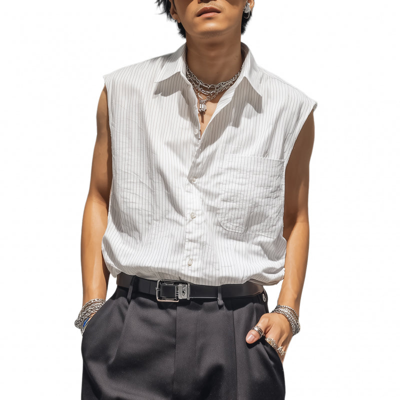Men's Casual Breathable Cotton Striped Lapel Patch Pocket Loose Sleeveless Shirt MTA2892G9M
