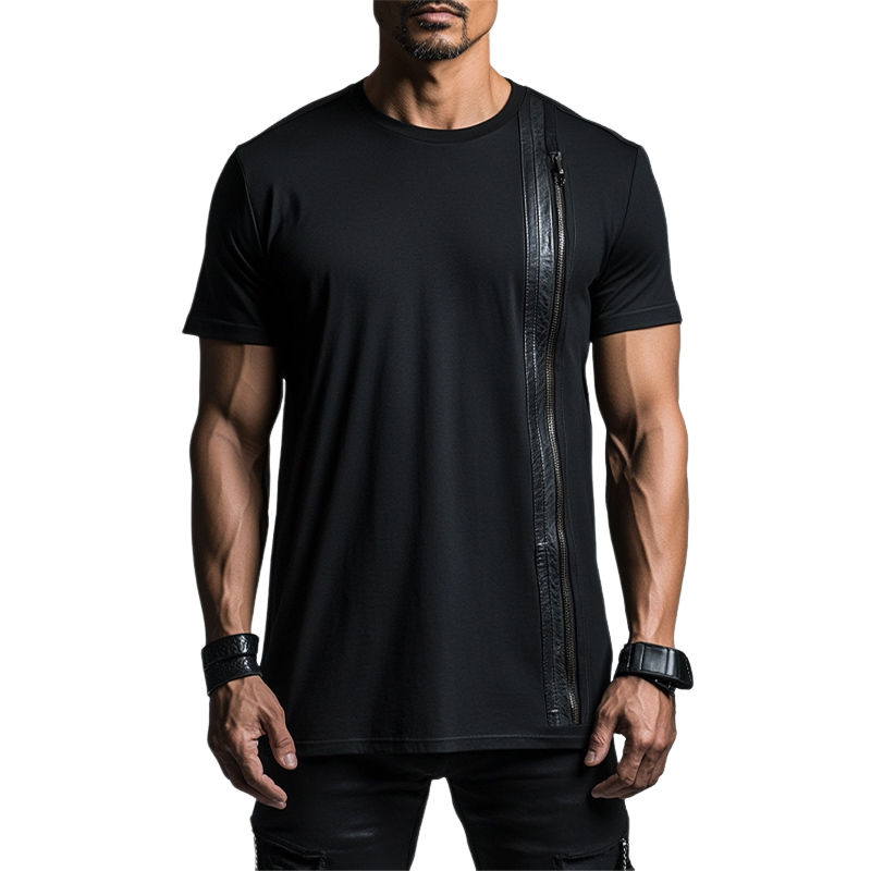 Men's Casual Cotton Leather Zip-up Short-sleeved T-shirt 86581822U