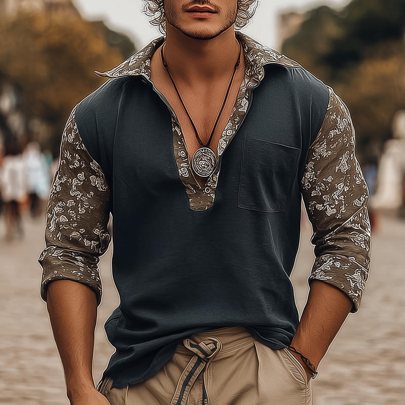 Men's Floral Stitching Lapel Long Sleeve T-shirt MTA1377H2Z