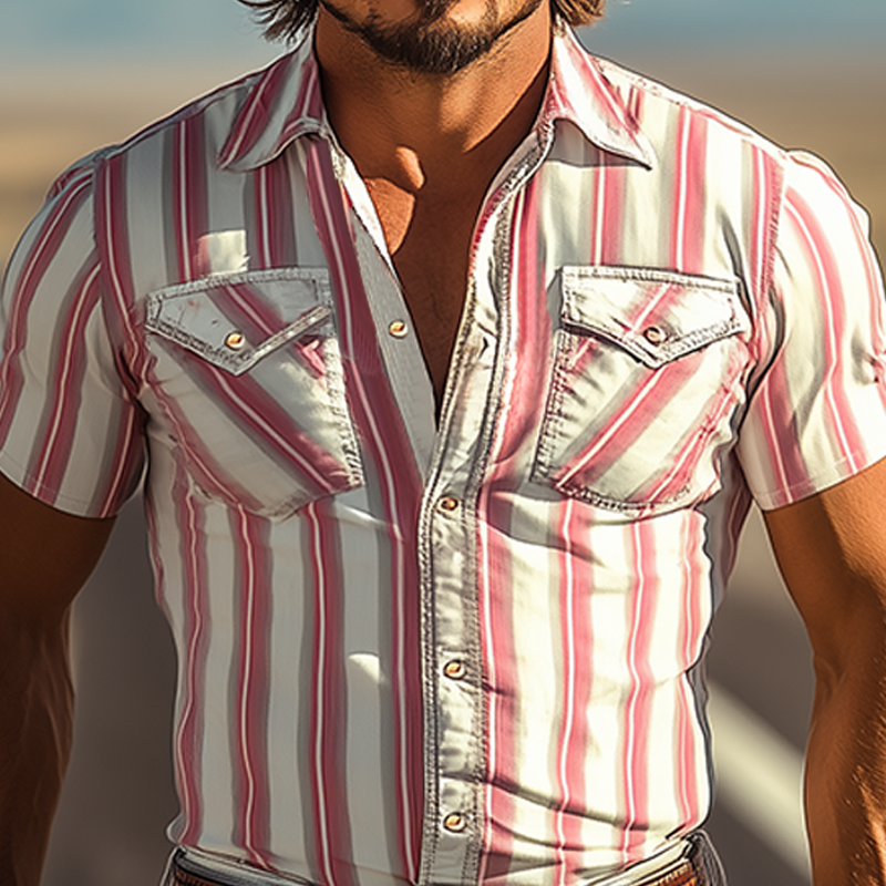 Men's Spring And Summer Fashion Casual Retro Western Cowboy Style Vertical Stripes Print Slim Fit Short Sleeve Shirt MTA2863D8K