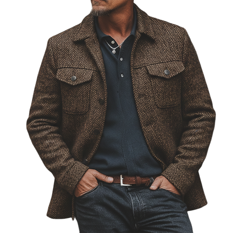 Men's Retro Classic Herringbone Lapel Single Vent Faux Wool Jacket MTA3141J6U