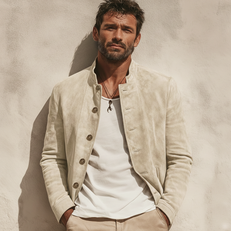 Men's Classic Beige Stand-collar Button-up Jacket MTZ2355A9U