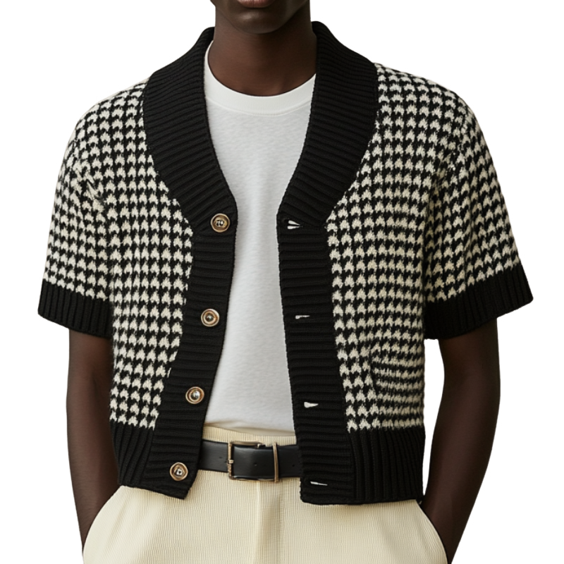 Men's Casual Contrast Houndstooth Jacquard Knit Single Breasted Short Sleeve Cardigan MTA0607E4M