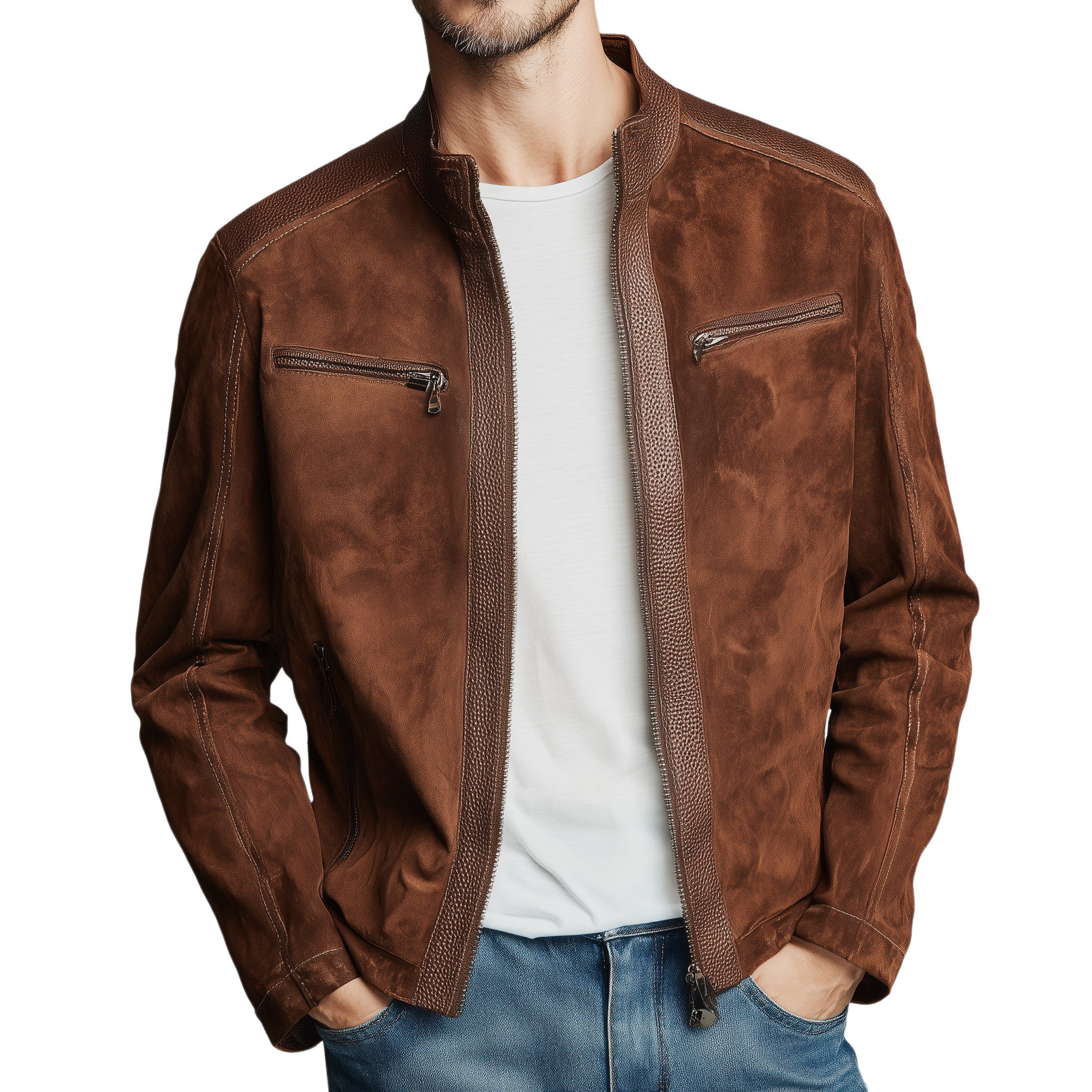Men's Classic Retro Stand Collar Textured PU Leather Splicing Suede Slim Zipper Jacket MTA1653H6K