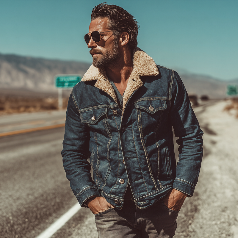 Men's Vintage Denim Patchwork Polar Fleece Lapel Jacket MTA0504H1X
