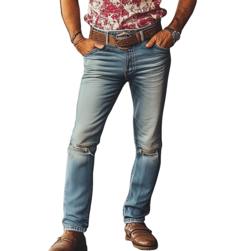 Men's Western Cowboy Style Vintage Ripped Distressed Slim Fit Jeans MTA1227F4U