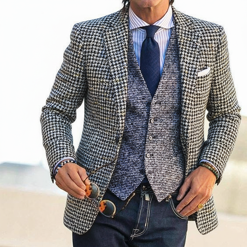 Men's Business Classic Houndstooth Faux Wool Two-Button Blazer MTA1336J6U