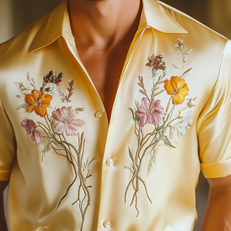 Men's Luxurious Satin Exquisitely Embroidered Short Sleeve Shirt MTA1049F0U