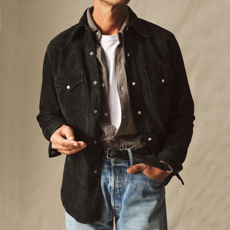 Men's Spring And Autumn Black Suede Long Sleeve Shirt MTA0640H2U