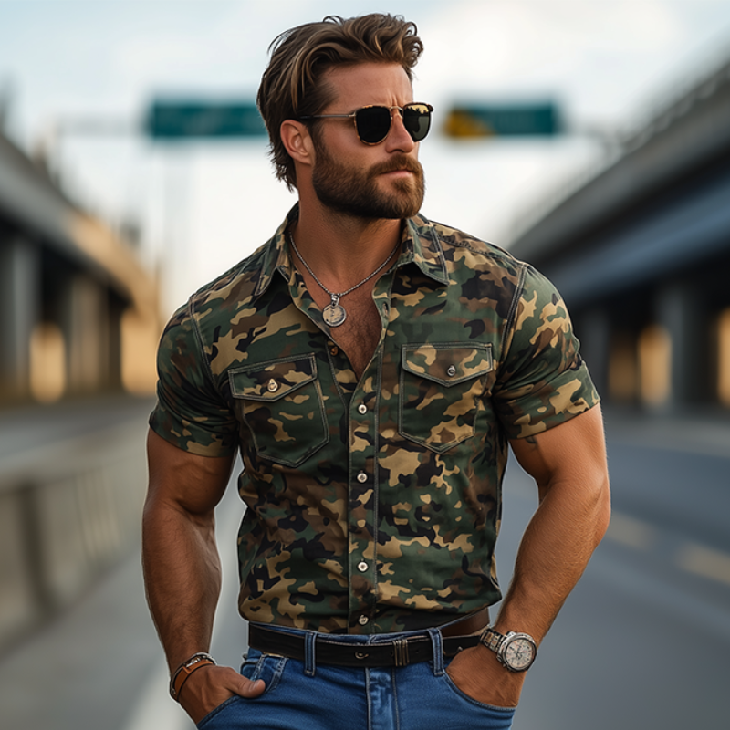 Men's Classic American Retro Slim Camouflage Short Sleeve Shirt 61495115K