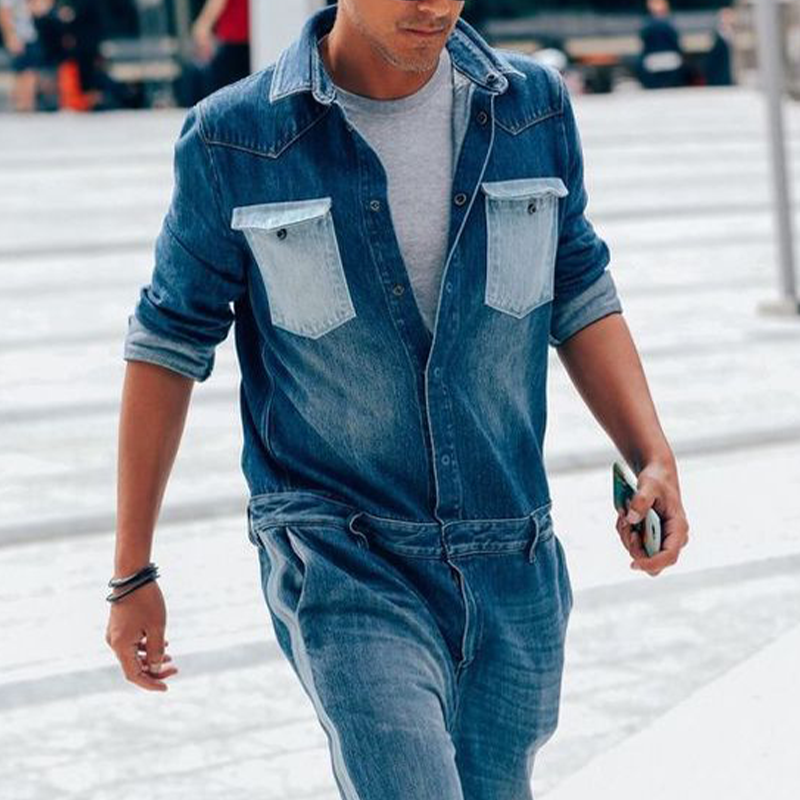 Men's Spring And Autumn Long Sleeve Long Pants Denim Jumpsuit MTA0766F8U