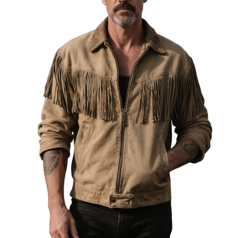Men's Retro Casual Wilderness Washed Short Tassel Lapel Jacket MTA1690G1TO