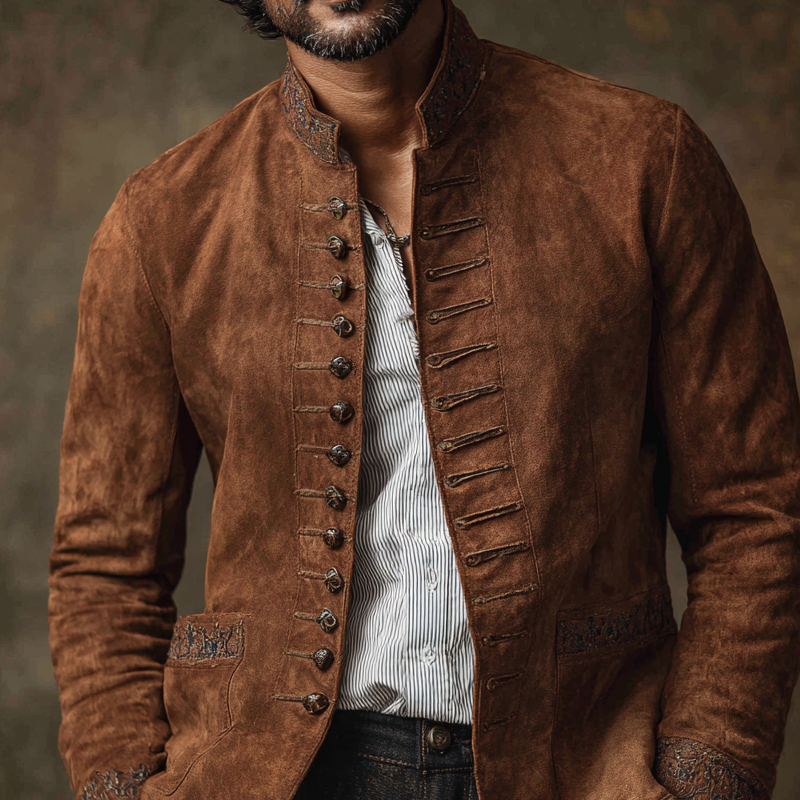 Men's Vintage Embroidered Decor Faux Suede Stand Collar Single Breasted Jacket MTA2792H2Z