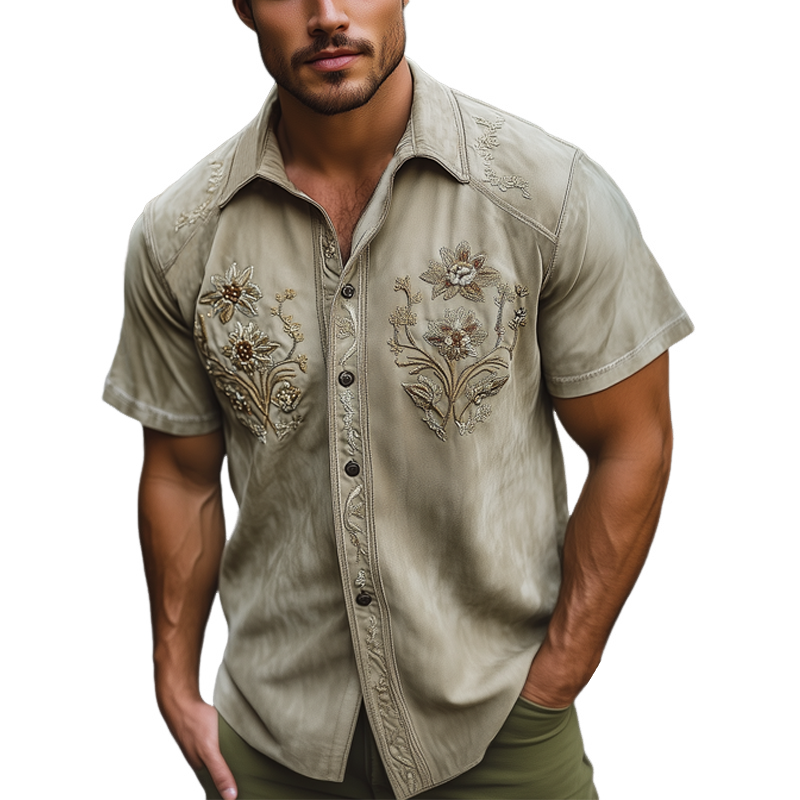 Men's Summer Floral Embroidered Suede Short Sleeve Shirt MTA0729F1U