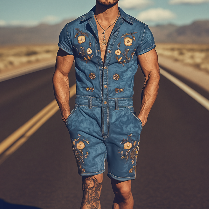 Men's Summer Fashion Retro Western Cowboy Style Embroidered Jumpsuit MTA1762D6K