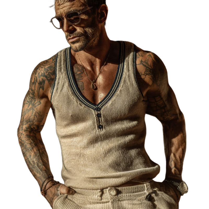 Men's Contrast Knit Button Pullover Tank Top MTA0492G5X