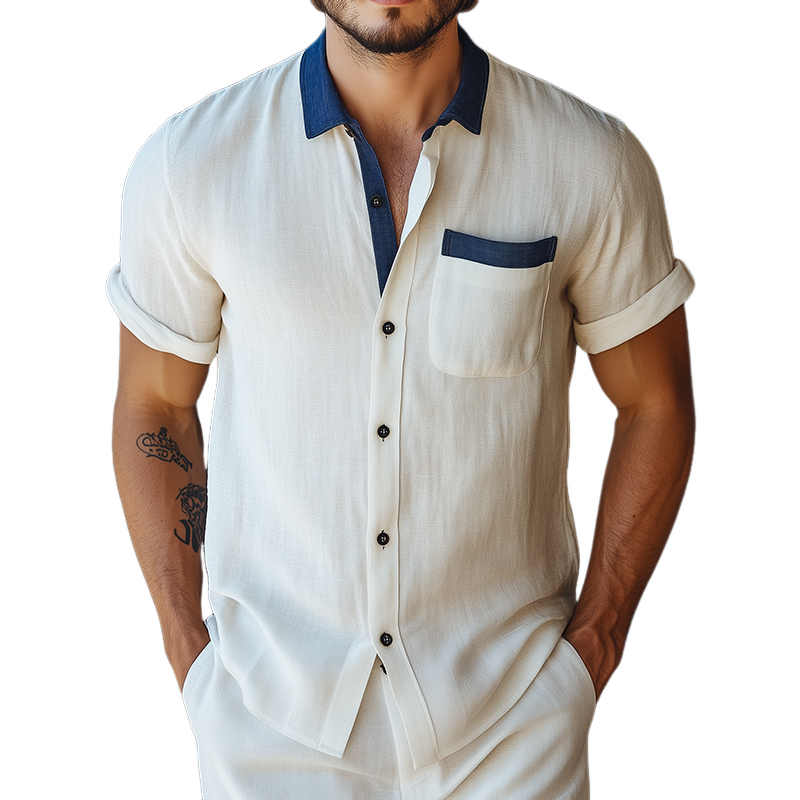 Men's Retro Casual Linen Colorblock Simple Lapel Pocket Short Sleeve Shirt 77926811TO