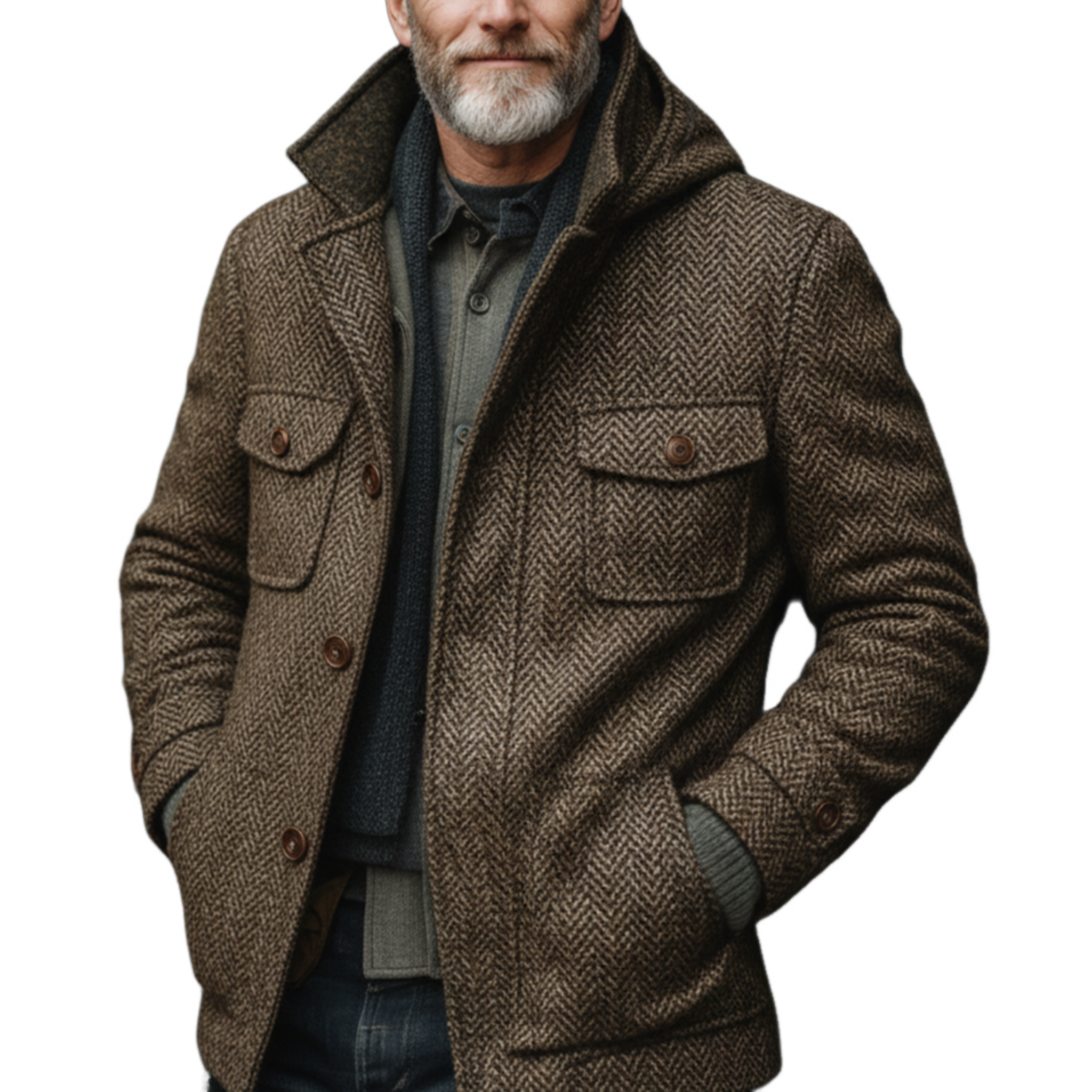 Men's Classic Retro Stand Collar Hooded Multi-pocket Faux Herringbone Wool Jacket MTA2914I3K