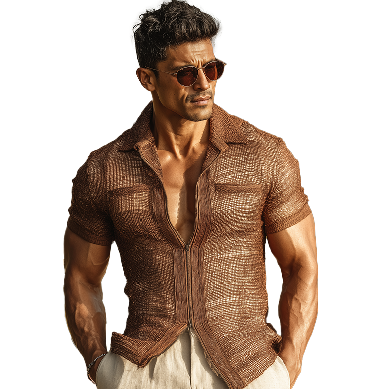 Men's Summer Fashion Zipper Mesh Short Sleeve Slim Shirt (with Lining) MTA2021F7P