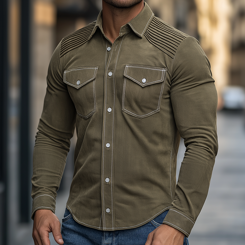 Men's Vintage Casual Suede Pleated Lapel Long Sleeve Shirt MTA2153H8TO