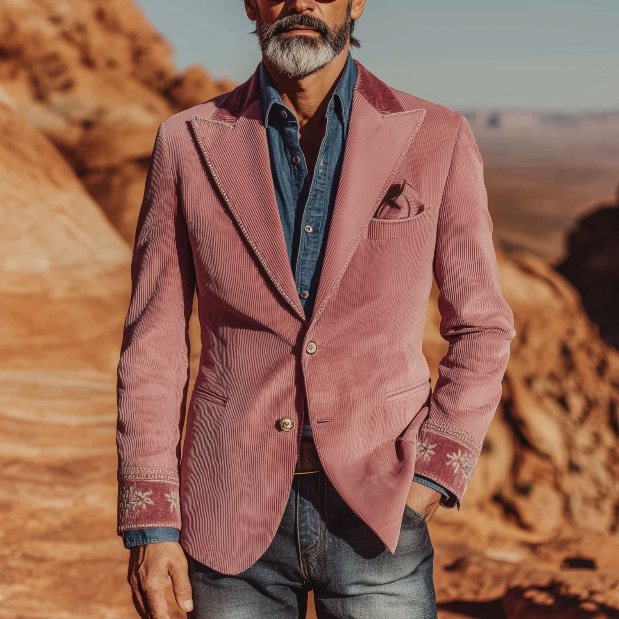 Men's Classic Retro Western Style Pink Corduroy Cuff Embroidered Single-breasted Slim-fit Blazer MTA2125H6K