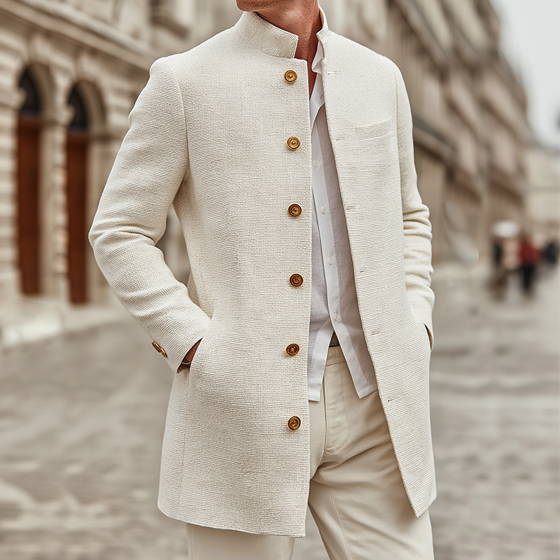 Men's Retro Casual Solid Color Tweed Stand Collar Mid-Length Coat MTA2818J9TO