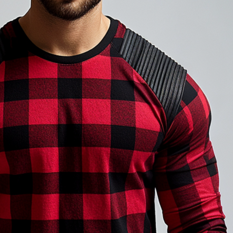 Men's Retro Casual Pleated Plaid Printed Round Neck Long Sleeve T-Shirt 24388108TO