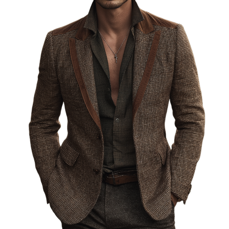 Men's Retro Casual Western Style Plaid Panel Blazer MTA1552H1TO