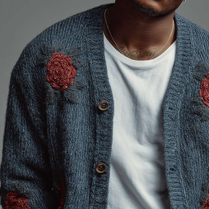 Men's Retro Casual Knitted Floral Embroidered Button Cardigan MTA2970K6TO