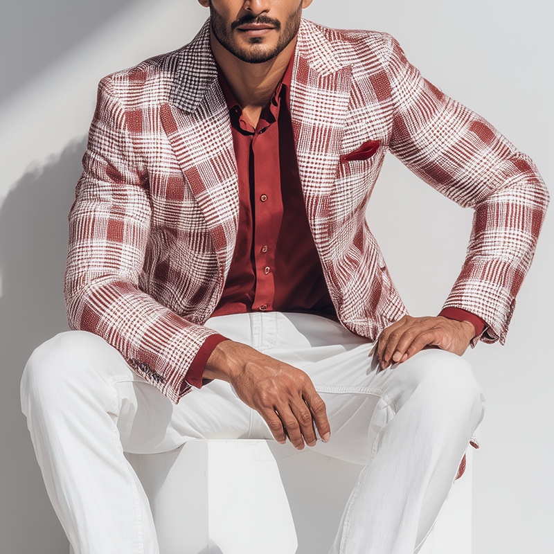 Men's Vintage Check Linen Blend Long Sleeve Blazer MTA1867G7P