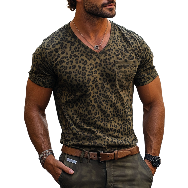 Men's Fashion Leopard V Neck Chest Pocket Short Sleeve T-shirt MTA1902E1Z