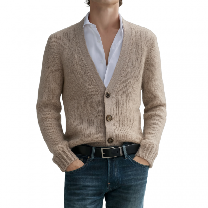 Men's Vintage Elegant Solid Color V-Neck Single-Breasted Slim Fit Soft Knit Cardigan MTA0196H2M