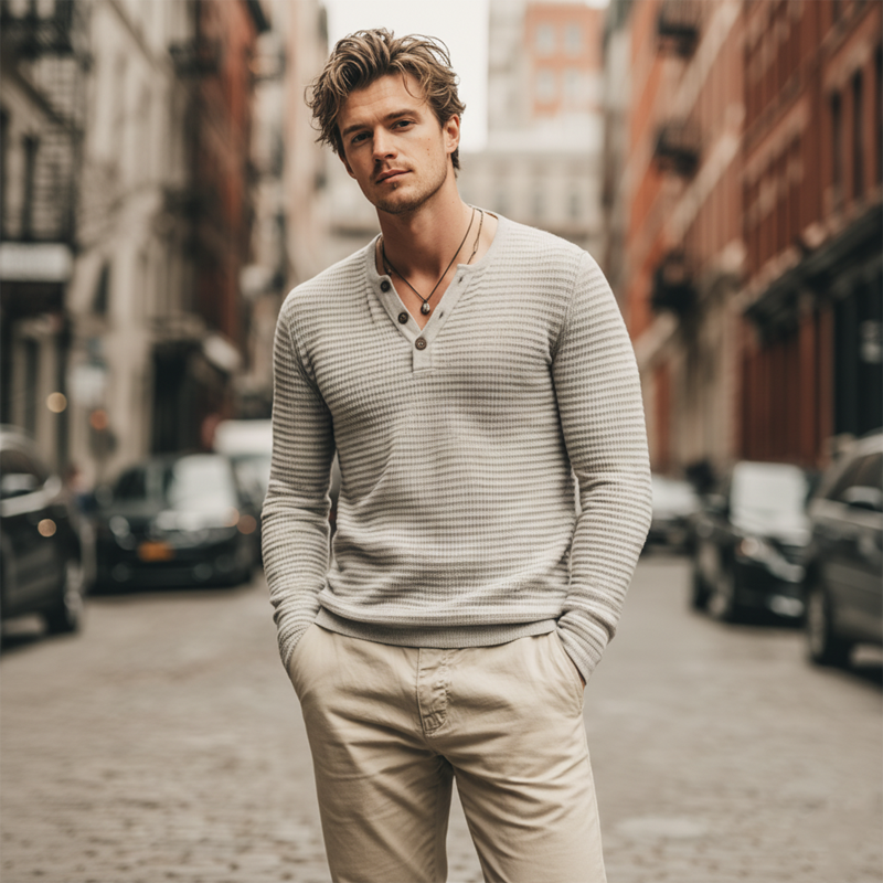 Men's Casual Light Grey V-neck Knitted Plaid Textured Sweater MTA2833I8U