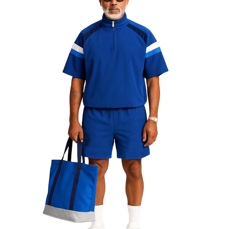 Men's Summer Fashion Zipper Stand Collar T-shirt Shorts Sports Set MTA2768E7U