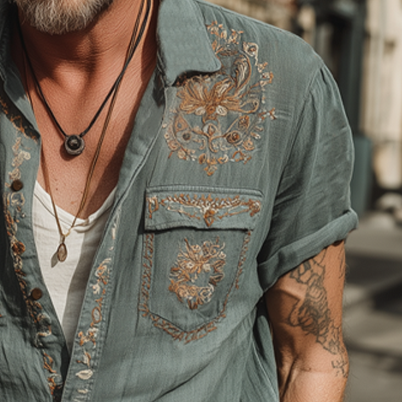 Men's Summer Retro Embroidered Cotton And Linen Short Sleeve Shirt MTA1888F1U