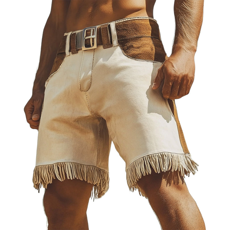 Men's Summer Western Cowboy Style Suede Colorblock Tassel Shorts MTA0709E6U