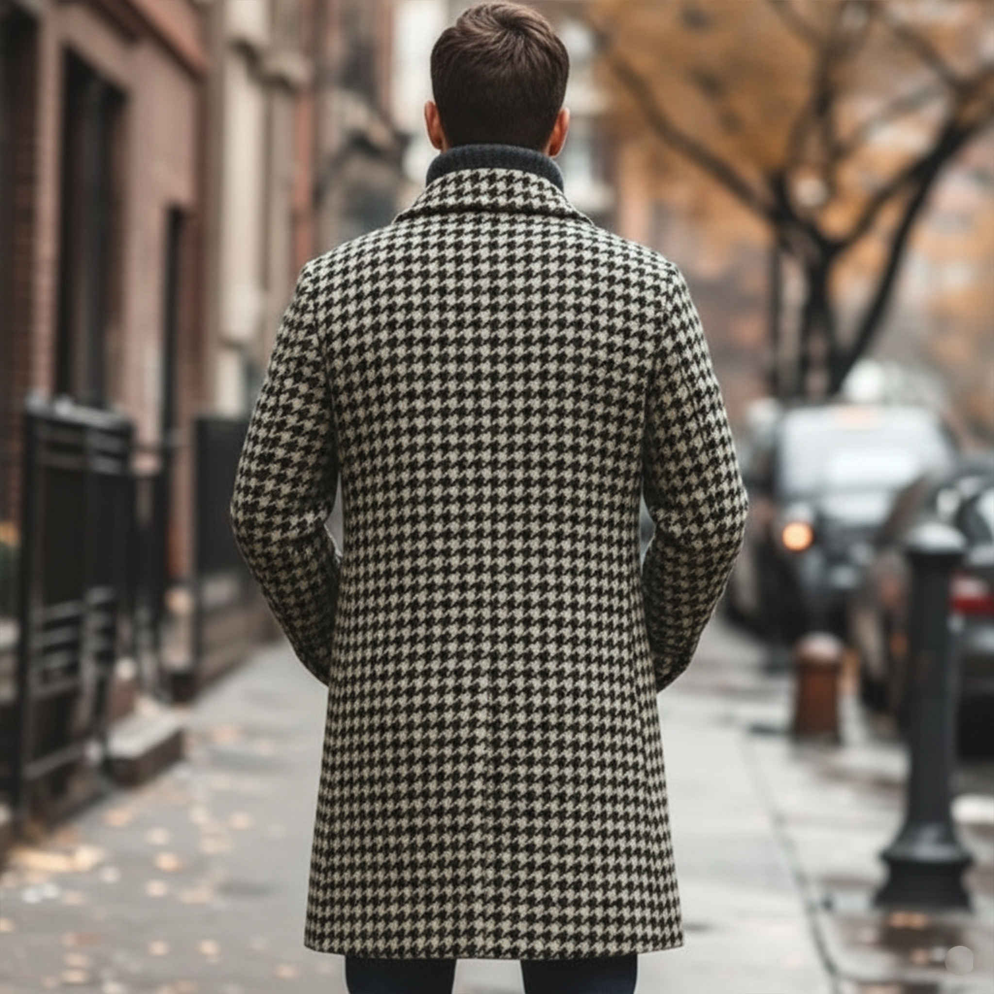 Men's Classic Retro Lapel Double-breasted Houndstooth Faux Wool Thigh-length Jacket MTA2479I0K